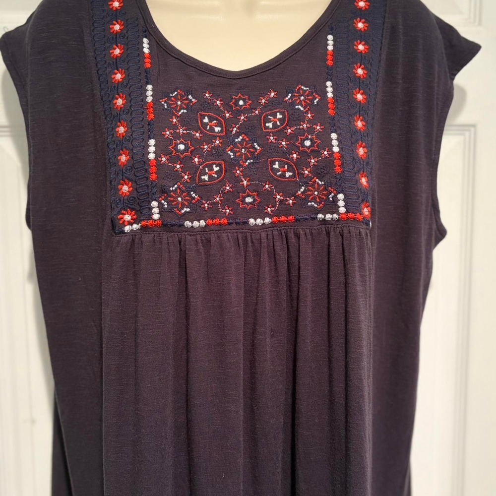 Thyme & Honey Navy Boho Embroidered Babydoll Tunic Top XL Cottagecore Festival
